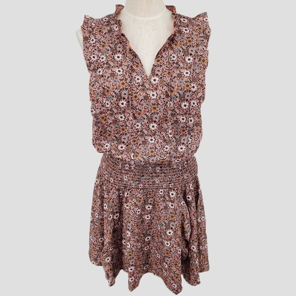 Outerknown Floral Smocked Waist Ruffle Mini Dress Womens Small Pink Brown White